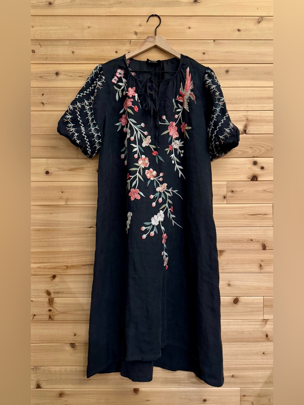 Johnny Was Workshop Medium Cherri Tie Neck Embroidered Midi Dress Floral Boho